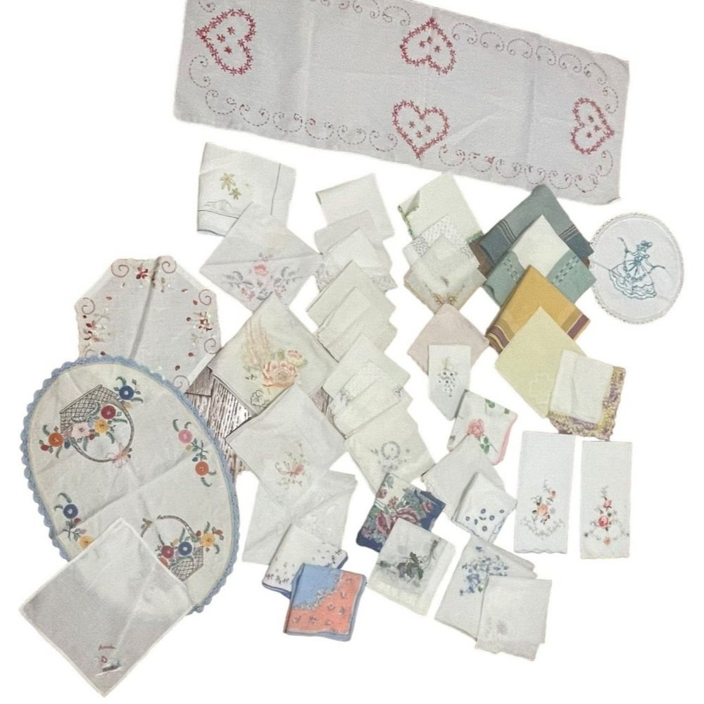 Vintage Handkerchiefs Runner Oval Round Doilies Lot 40 Embroidered Print Lace